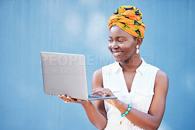 Buy stock photo Black woman, laptop and smile for email communication or reading web conversation with blue wall background in studio. African woman, happy and digital tech or online networking on 5g internet 