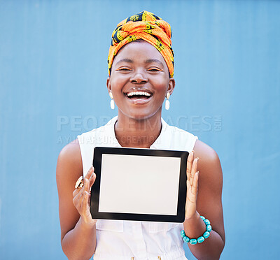 Buy stock photo Black woman, tablet and blank screen portrait for digital marketing, advertising and product placement in blue background studio. Digital tech, design space and ui website frame on mobile gadget