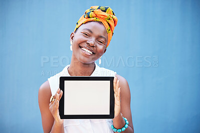 Buy stock photo Fashion designer, digital tablet or mock up space on blue background in clothing branding, logo design or small business marketing. Portrait, happy smile or black woman on technology mockup