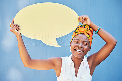 Buy stock photo Black woman, face or speech bubble on blue background space in advertising, opinion marketing or social media vote. Blank sign, placard or poster billboard for happy smile or fashion student portrait