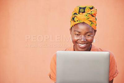 Buy stock photo Laptop, studio and african black woman with fashion, cosmetics and makeup internet search, website information or e commerce promotion. Marketing, advertising and happy woman working on pc technology