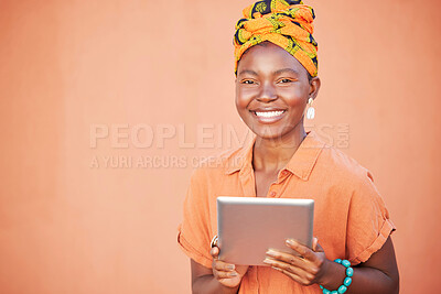 Buy stock photo Black woman, tablet and marketing, advertising portrait with technology mockup against orange studio background. Internet, online connection and wifi, 5g network in Nigeria and digital product promo.