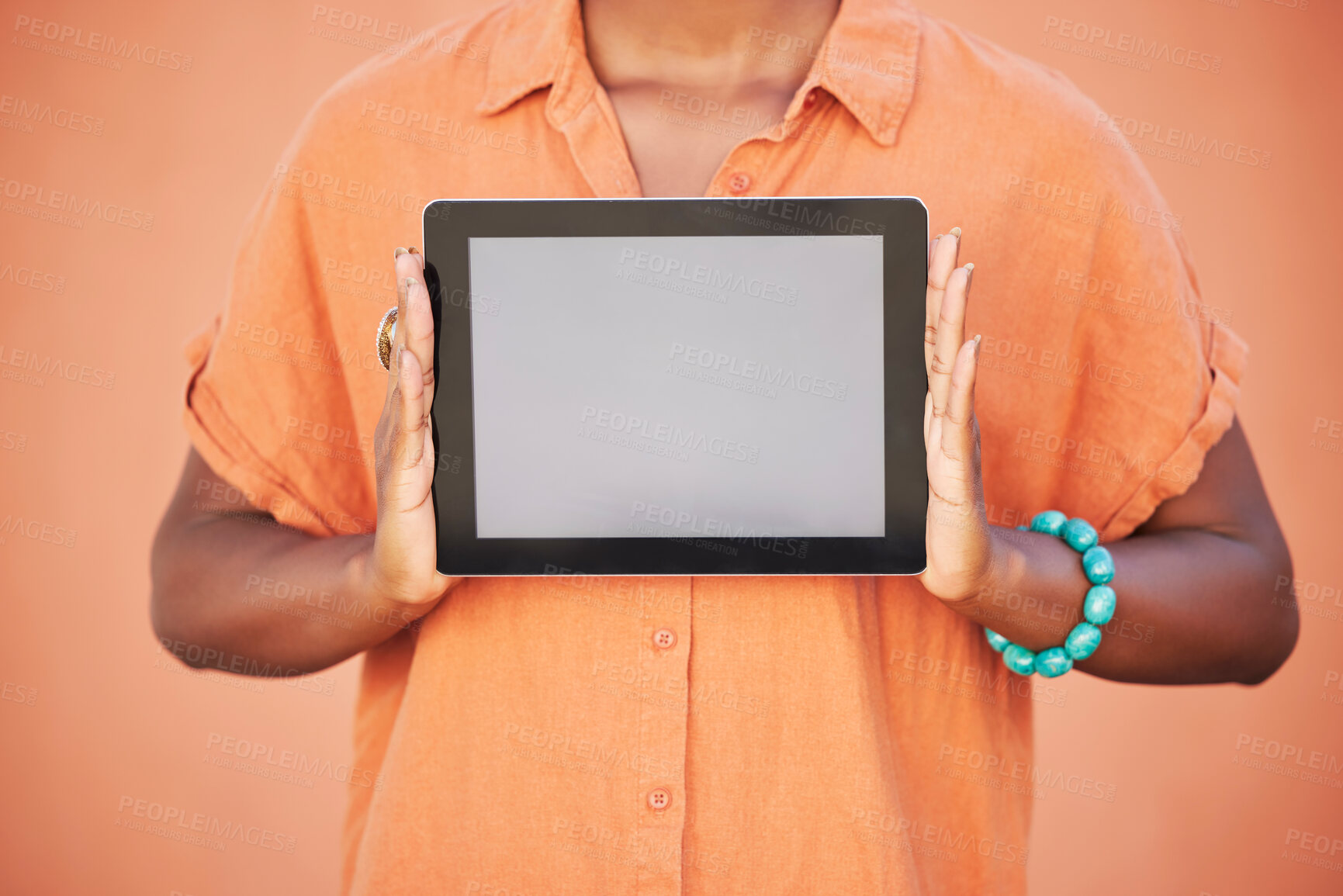 Buy stock photo Marketing, advertising and woman with mockup tablet in hands, cropped on studio background with space for product placement. Digital Marketing, blank screen and orange campaign for web advertisement.