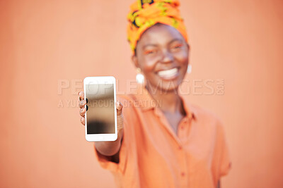 Buy stock photo Black woman, phone screen and mockup space for branding, advertising and logo on a wall background outdoor. Young African girl with mobile smartphone for social media and marketing with happy smile