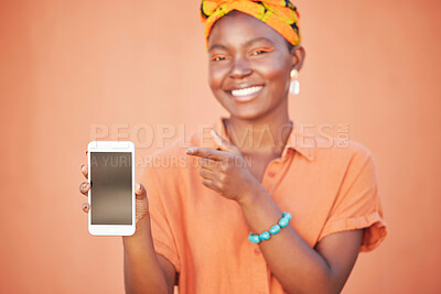 Buy stock photo Mockup, black woman and blank smartphone screen for marketing, advertising and against brown studio background. Female, Jamaican lady and phone for social media, search internet and online website.
