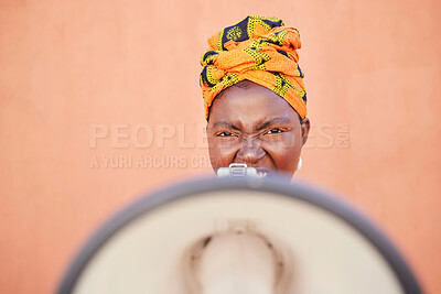 Buy stock photo Megaphone, angry and portrait of black woman shout for democracy vote, justice and BLM protest mock up. Racism speech, noise and mockup face of African speaker with microphone announcement for change