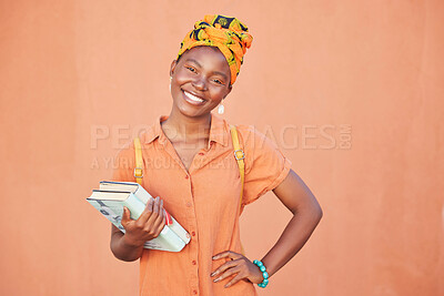 Buy stock photo Student, books and portrait of black woman on orange wall background ready for education, learning and knowledge. African fashion, youth and girl ready for college, university and academy in Nigeria