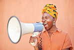 Megaphone, black woman or african of human rights, justice and freedom of speech for gender equality on orange mockup. Vote, protest and race of woman with voice for politics, angry broadcast or news