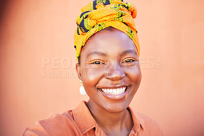 Buy stock photo Black woman, selfie and beauty with makeup, smile and urban wall background with scarf on head. Happy african woman, traditional fashion and cosmetics with digital picture for social media in Kenya