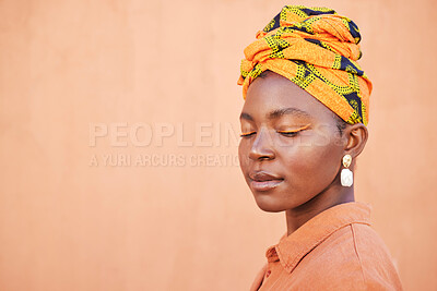 Buy stock photo Black woman, beauty and face with head scarf, fashion and skincare cosmetic advertising in summer outdoor. Model, cosmetics or makeup marketing with facial glow and wall background with cosmetics