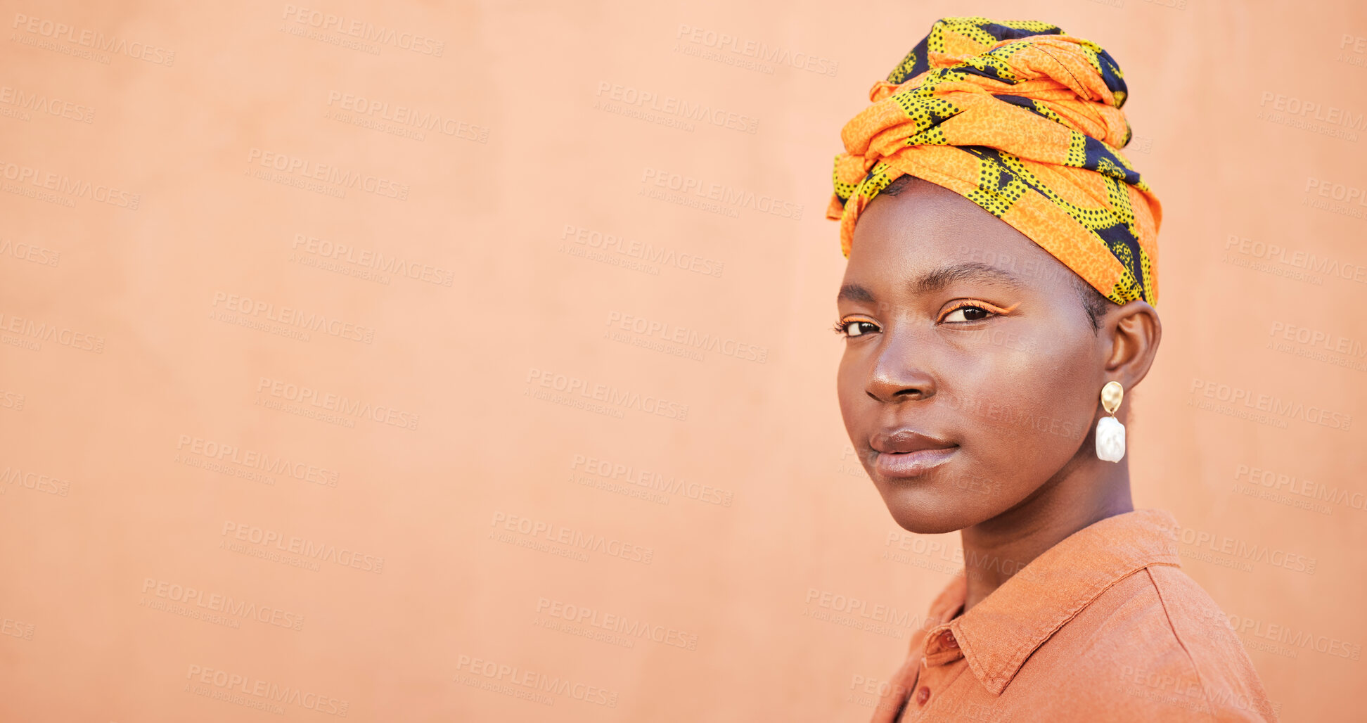 Buy stock photo Portrait, black woman and head scarf with cosmetics, natural beauty and mockup on studio background. Jamaican female, girl and lady with traditional turban, relax and makeup for smooth and clear skin