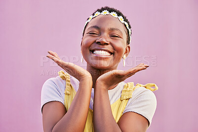 Buy stock photo Face, surprise and beauty with a model black woman in studio on a pink background for carefree freedom. Happy, smile and cheerful with an attractive young female excited with a wow expression