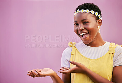 Buy stock photo Mockup, marketing or happy black woman against a wall for product placement, advertising or branding space. Mock up, portrait or African girl shows discount commercial, promotion offer or sales deal