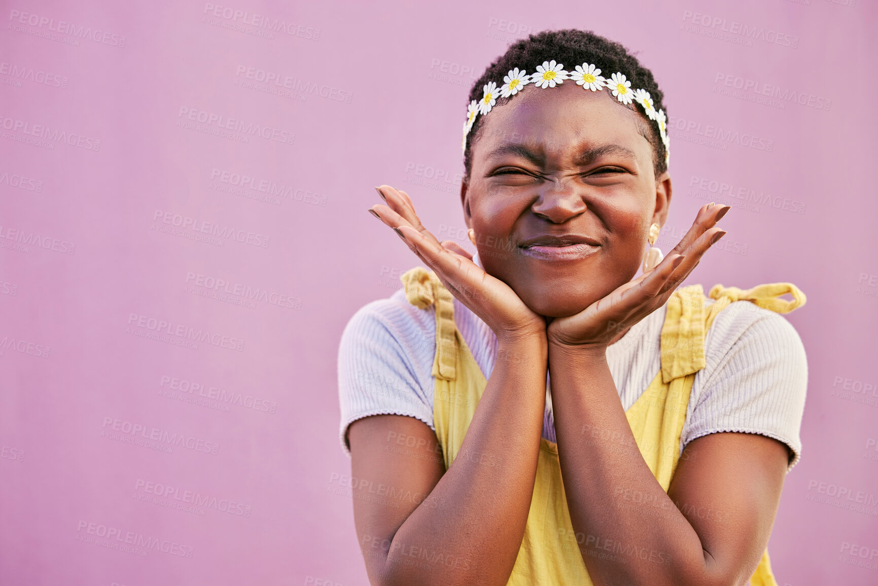 Buy stock photo Skincare, black woman and face for cosmetics for wellness, marketing or headband on studio background. Jamaican girl, young female or hippie with confidence, natural beauty or makeup with smooth skin