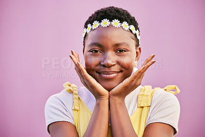 Buy stock photo Black woman, flower crown and smile in portrait by pink background for beauty, makeup and cosmetics. Happy african woman, hands and face for cosmetic glow, radiant and flowers for spring in Baltimore