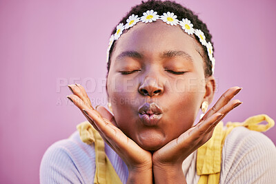 Buy stock photo Mockup, blowing kiss and black woman happy, cosmetics and natural beauty on studio background. Skincare, Jamaican female and healthy girl with headband, wellness and makeup for smooth and clear skin.