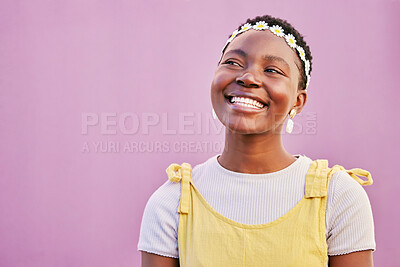 Buy stock photo Black woman, beauty and flower headband on a pink background with a smile, happiness and hope for future, freedom and goals. African model face thinking for motivation, skincare and spring cosmetics