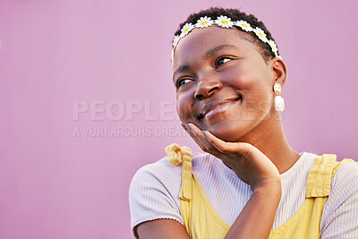 Buy stock photo Black woman, smile and face thinking, happy and daydream in spring, fashion and purple wall background. Gen z girl, african and young female with happiness, positive mindset and mockup space outdoor