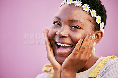 Buy stock photo Happy, excited and portrait of a black woman with a flower crown in a studio with mockup space. Happiness, smile and face of African female model with floral band standing by pink background mock up.