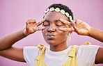 Black woman, peace fingers and eyes in studio for happiness, zen and relax with flower crown. African hipster girl, hands and finger sign on face with natural beauty, self care and pouting lips