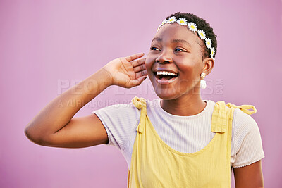 Buy stock photo Happy, smile and black woman in a studio with a flower crown for a positive hipster aesthetic. Happiness, excited and young African female model with a floral headband isolated by a pink background.