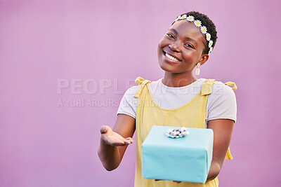 Buy stock photo Fashion, beauty and black woman with gift on purple background for birthday, party and celebration. Summer, mockup and portrait of girl giving present, gift box and package to celebrate festive event