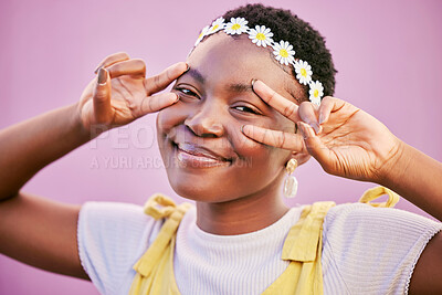 Buy stock photo Portrait, peace or face of happy black woman with smile, sunflower crown or positive success mindset. Purple wall, hands or African gen z girl on holiday vacation with cool fashion, pride or freedom