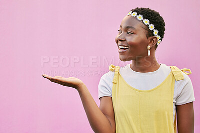 Buy stock photo Woman, hand and choice with trendy, edgy style on a pink studio background for mockup marketing. Advertising, gesture and female with idea to choose with a fashionable, stylish outfit on a backdrop