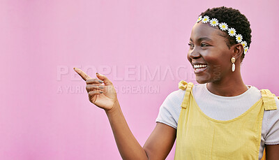 Buy stock photo Black woman pointing to mockup wall, pink background and marketing space, product placement and advertising news deal. Happy girl announcement of mock up, offer and summer promotion on color backdrop