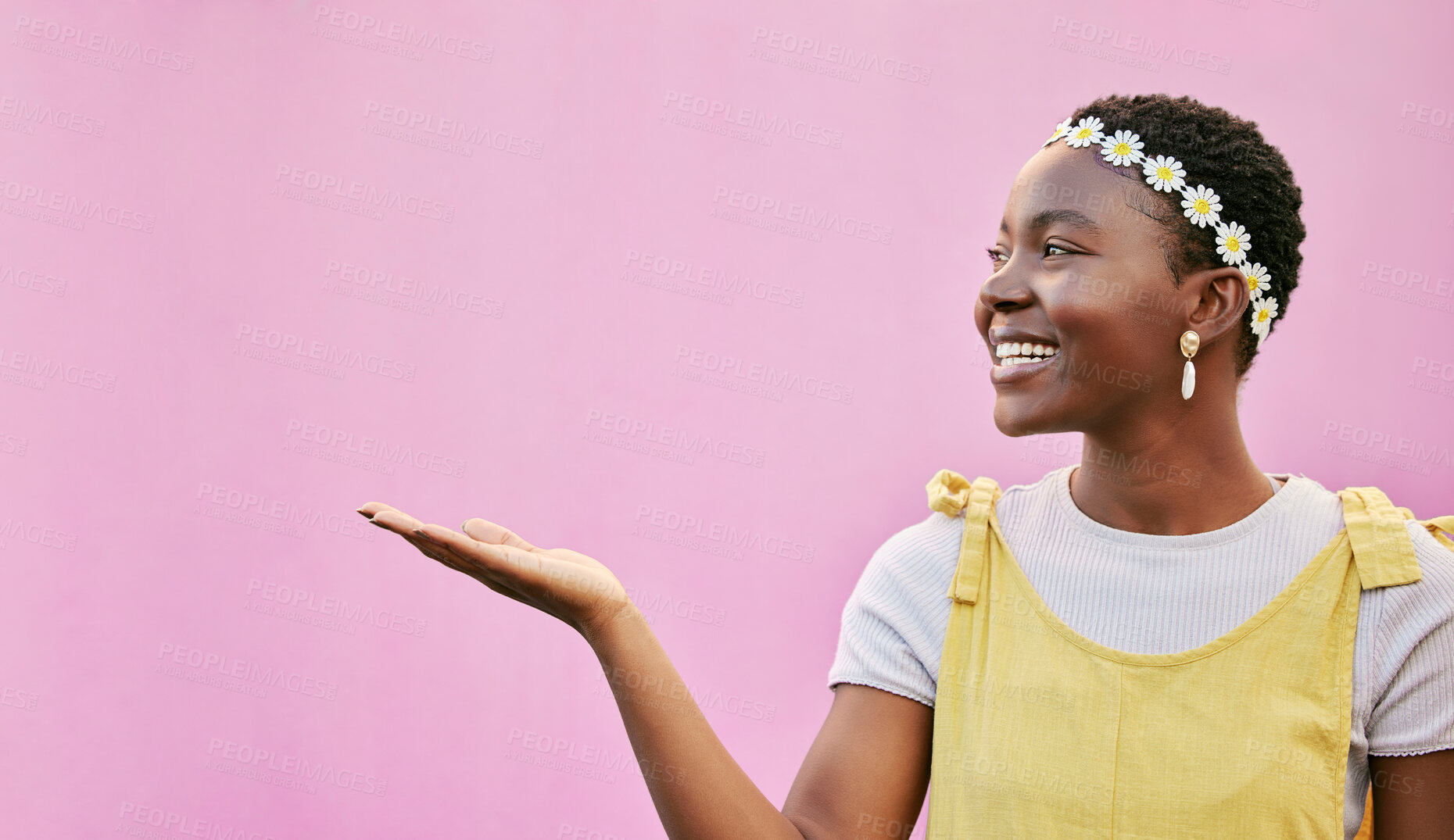 Buy stock photo Black woman hand show space for advertising, marketing or promotion on wall background with african fashion for youth lifestyle. Young, culture and happy woman with product placement sign for mock up