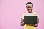 Black woman, laptop and typing to search internet, social media and connection on studio background. Female, Jamaican lady and device for conversation, online reading and relax for planning or mockup