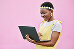 Laptop, wall background and black woman or african with website information mockup, fashion blog or social media update on marketing space. Technology, reading global post and a young woman in summer