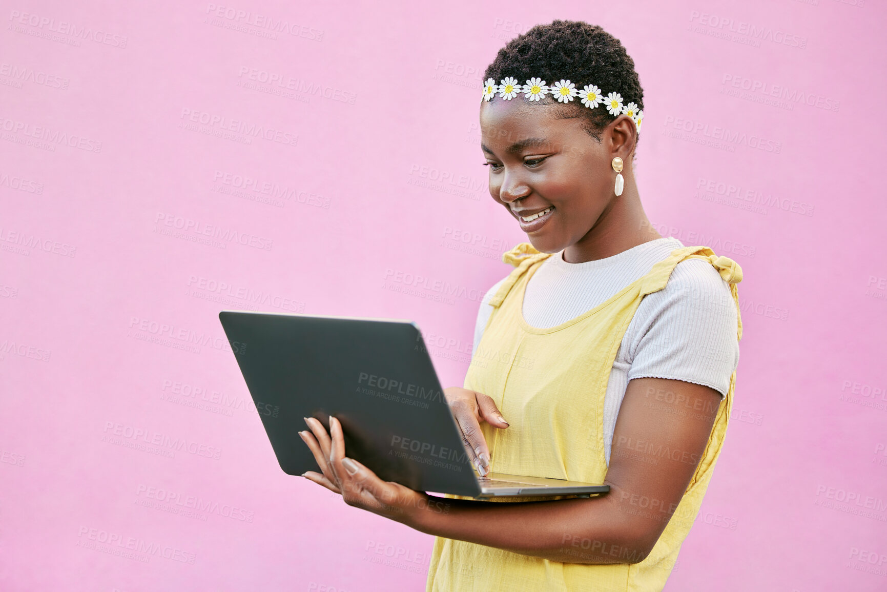 Buy stock photo Laptop, wall background and black woman or african girl with website information mockup, fashion blog or social media update on marketing space. Technology, reading global post and a young woman