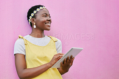 Buy stock photo Black woman with tablet, marketing and advertising of digital product, thinking and freedom with youth in Kenya with ux and 5g network. Technology mockup, internet user promotion and pink background.