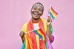 Pride, lgbtq and black woman with flag, rainbow and advocate for lgbt rights and queer community mockup. Happy woman, equality and freedom with support and sexuality, activism and advocate portrait