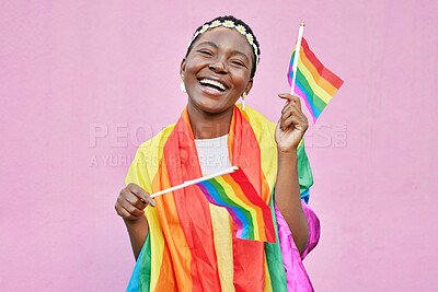 Buy stock photo Pride, lgbtq and black woman with flag, rainbow and advocate for lgbt rights and queer community mockup. Happy woman, equality and freedom with support and sexuality, activism and advocate portrait
