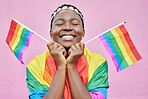 Pride, lgbtq and black woman with flags in studio for queer rights. Freedom, homosexual and face of happy, lesbian or bisexual female from Nigeria with rainbow flag showing support for gay community.