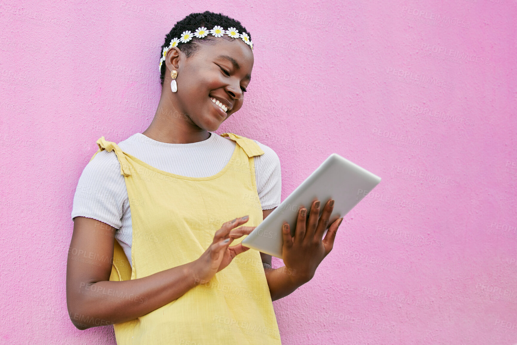 Buy stock photo Black woman, tablet and smile of a person on social media with fashion and spring happiness. Flower crown, beauty and style hippie blogger online looking at web and 5 internet for digital blog