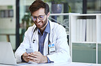 Phone, laptop and science with a man at work in a laboratory for research, innovation or development. Mobile, computer and medicine with a male scientist working in a lab for medical analysis