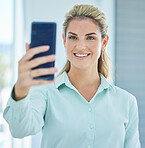 Face, business woman and phone selfie in office for happy memory. Tech, cellphone and female employee from Canada taking pictures on mobile smartphone for social media or profile picture in workplace