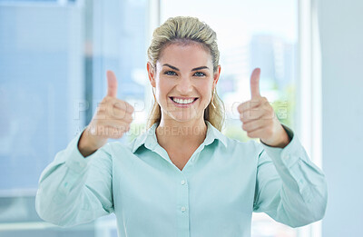 Buy stock photo Business woman, face or thumbs up in success, motivation or winner goals in Canada office, marketing startup or advertising company. Portrait, smile or happy creative designer with vote hand gesture