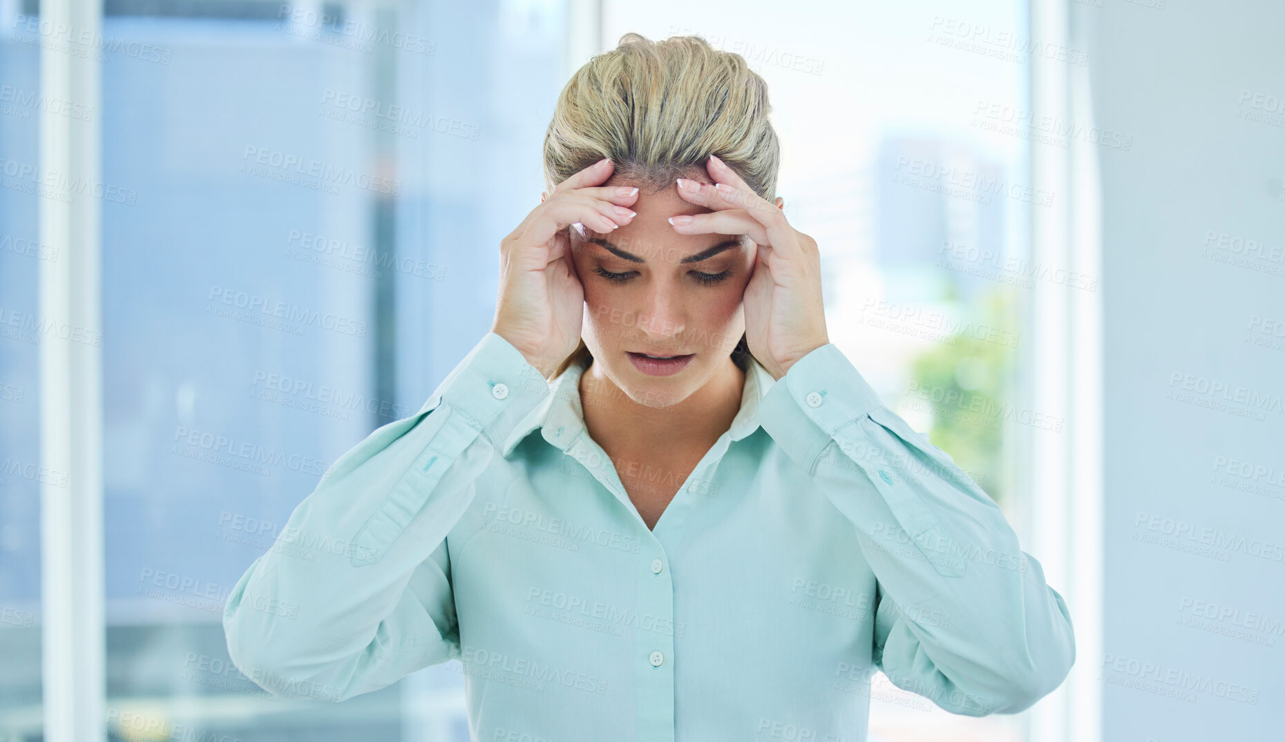 Buy stock photo Business woman, headache and corporate burnout with stress and anxiety at work, mental health and frustrated worker. Bad news, mistake and fail with professional problem with migraine and overwhelmed