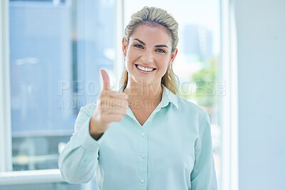 Buy stock photo Woman, thumbs up or success in modern office, real estate company or property development startup and innovation, goals or Canada ideas. Portrait, smile or happy mortgage agent and trust hand gesture