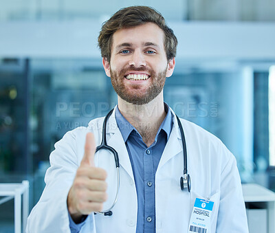 Buy stock photo Portrait, doctor and thumbs up for success in hospital, clinic or healthcare facility. Thank you, welcome and hand gesture of confident male medical professional for approval, agreement or support.