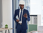 Architect, architecture and black man with smartphone in office, check social media or email with work communication and technology in building industry. Businessman, construction and mobile with app