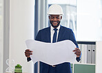 Black man, planning and architect with blueprint for architecture, construction and contractor in office reading building plan. Engineering, design and engineer work, happy businessman and industry.