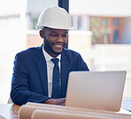 Black man, hard hat and laptop with internet, online search or planning for schedule. Young male, entrepreneur or engineer use pc, computer and check strategy for business, smile and startup company.