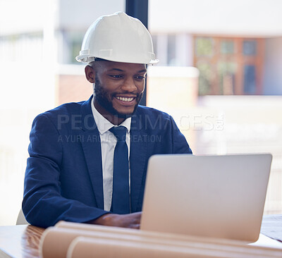 Buy stock photo Black man, hard hat and laptop with internet, online search or planning for schedule. Young male, entrepreneur or engineer use pc, computer and check strategy for business, smile and startup company.