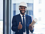 Thumbs up, happy engineer or architect black man with construction success goal target or plan. Support, thank you or construction worker with smile for architecture building design approval portrait