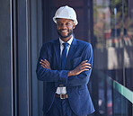 Black man, arms crossed or office building ideas, architecture innovation or property construction vision on balcony. Portrait, happy smile or real estate developer with hard hat or engineering goals